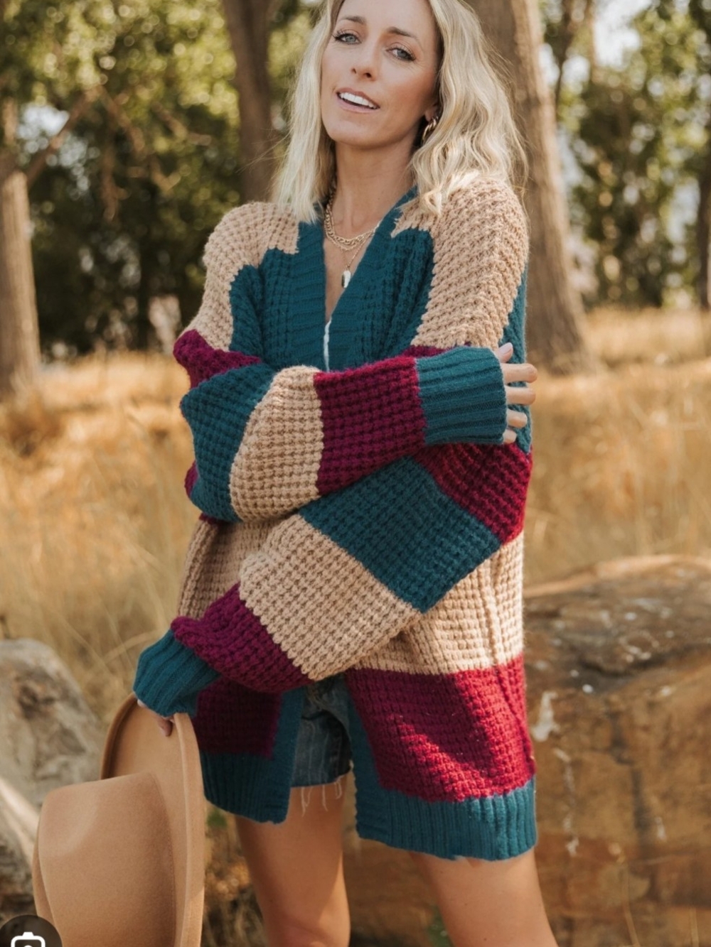 Baltic Born Chunky Striped Cardigan in Teal, Burgundy & Tan